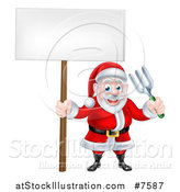 Vector Illustration of a Cartoon Santa Holding a Blank Sign and Garden Fork 2 by AtStockIllustration