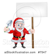 Vector Illustration of a Cartoon Santa Holding a Garden Trowel and Blank Sign by AtStockIllustration