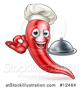Vector Illustration of a Cartoon Spicy Hot Red Chili Pepper Chef Mascot Holding a Cloche and Gesturing Ok by AtStockIllustration