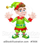 Vector Illustration of a Cartoon Welcoming Brunette White Male Christmas Elf Waving with Both Hands by AtStockIllustration