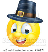 Vector Illustration of a Cartoon Yellow Pilgrim Smiley Face Emoji Emoticon by AtStockIllustration