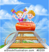 Vector Illustration of a Caucasian Boy and Girl on a Roller Coaster Ride, Against a Blue Sky with Clouds by AtStockIllustration