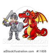 Vector Illustration of a Caucasian Girl Knight by a Red Dragon by AtStockIllustration