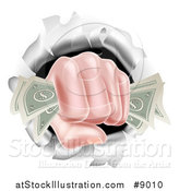 Vector Illustration of a Caucasian Hand Fisted and Holding Cash Money, Breaking Through a Wall by AtStockIllustration