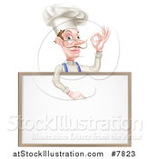 Vector Illustration of a Caucasian Male Chef with a Curling Mustache, Gesturing Ok and Pointing down at a Blank White Menu Board by AtStockIllustration