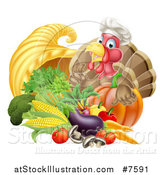 Vector Illustration of a Chef Turkey Bird Giving a Thumb up over a Pumpkin and Harvest Cornucopia 2 by AtStockIllustration