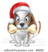 Vector Illustration of a Christmas Dog Sitting with a Bone in His Mouth and a Santa Hat on His Head by AtStockIllustration