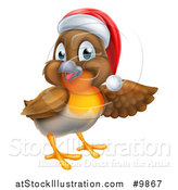 Vector Illustration of a Christmas Robin in a Santa Hat, Pointing to the Right by AtStockIllustration