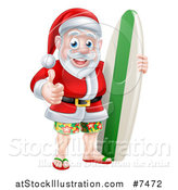 Vector Illustration of a Christmas Santa Claus Giving a Thumb up and Standing with a Green and White Surf Board by AtStockIllustration