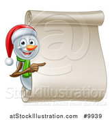 Vector Illustration of a Christmas Snowman Wearing a Santa Hat and Pointing Around a Blank Scroll by AtStockIllustration