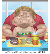 Vector Illustration of a Chubby Caucasian Man Eating a Tray Full of Fast Food by AtStockIllustration