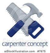 Vector Illustration of a Crossed Blue Handled Hammer and Hand Saw over Sample Text by AtStockIllustration