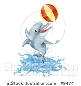 Vector Illustration of a Cute Happy Dolphin Jumping and Playing with a Ball by AtStockIllustration