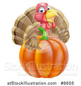 Vector Illustration of a Cute Turkey Bird Giving a Thumb up over a Pumpkin by AtStockIllustration