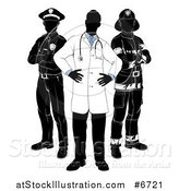 Vector Illustration of a Faceless Doctor with a Black and White Policeman and Firefighter Posing by AtStockIllustration