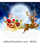 Vector Illustration of a Flying Magic Christmas Red Nosed Reindeer, Rudolph, Flying Santa in a Sleigh Above the Clouds Against a Full Moon by AtStockIllustration