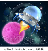 Vector Illustration of a Flying Saucer Ufo in Outer Space, near a Pink Planet or Moon by AtStockIllustration