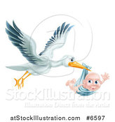 Vector Illustration of a Flying Stork Bird Holding a Happy Baby Boy in a Blue Bundle by AtStockIllustration