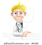 Vector Illustration of a Friendly Blond Male Doctor Pointing to a Sign by AtStockIllustration
