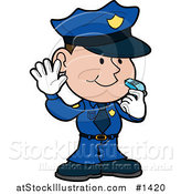 Vector Illustration of a Friendly Male Police Officer in a Blue Uniform and White Gloves, Holding His Hand up and Blowing a Whistle While Directint Traffic by AtStockIllustration