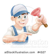 Vector Illustration of a Friendly Young Brunette Plumber Holding a Plunger and Pointing by AtStockIllustration