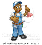 Vector Illustration of a Full Length Happy Black Male Plumber Holding a Plunger and Giving a Thumb up by AtStockIllustration