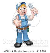 Vector Illustration of a Full Length White Male Plumber Holding an Adjustable Wrench and Giving a Thumb up by AtStockIllustration