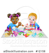 Vector Illustration of a Girls Kneeling on Paper and and Painting by AtStockIllustration