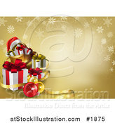 Vector Illustration of a Gold Christmas Background with Ribbons, Snowflakes, Baubles, a Santa Hat and Gifts by AtStockIllustration