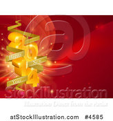 Vector Illustration of a Golden 3d Year 2014 Suspended with Happy New Year Banners over a Red Background by AtStockIllustration