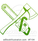 Vector Illustration of a Gradient Green Crossed Tree Surgeon Chainsaw and Axe by AtStockIllustration