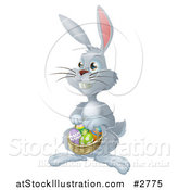 Vector Illustration of a Gray Bunny Hunting Easter Eggs and Holding a Basket by AtStockIllustration