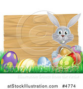 Vector Illustration of a Gray Bunny over a Wood Sign and Easter Eggs by AtStockIllustration