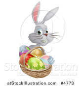 Vector Illustration of a Gray Bunny Rabbit with a Basket of Easter Eggs by AtStockIllustration