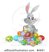 Vector Illustration of a Gray Bunny with Easter Eggs and a Basket by AtStockIllustration