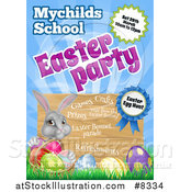 Vector Illustration of a Gray Easter Bunny with Eggs in the Grass Under Party Text and a Sign by AtStockIllustration