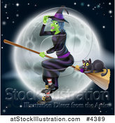 Vector Illustration of a Green Halloween Witch Flying with a Cat on a Broomstick over a Full Moon by AtStockIllustration