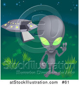 Vector Illustration of a Grey Alien with Green Eyes, Waving Hand While Standing near a UFO by AtStockIllustration