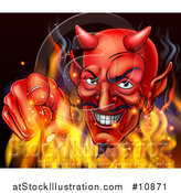 Vector Illustration of a Grinning Red Devil Emerging from Flames and Pointing Outwards by AtStockIllustration