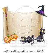 Vector Illustration of a Halloween Scroll Sign with Black Cats Jackolanterns a Broomstick and Witch Hat by AtStockIllustration