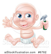 Vector Illustration of a Happy Bald Blue Eyed Caucasian Baby Boy Sitting in a Diaper and Holding a Hammer by AtStockIllustration