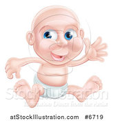 Vector Illustration of a Happy Bald Blue Eyed Caucasian Baby Boy Sitting in a Diaper and Waving by AtStockIllustration