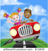 Vector Illustration of a Happy Black Boy Driving a Red Convertible Car and a White Girl Holding Her Arms up in the Passenger Seat As They Catch Air by AtStockIllustration