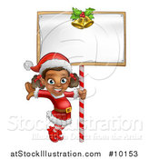 Vector Illustration of a Happy Black Female Christmas Elf Jumping by a Blank Sign by AtStockIllustration