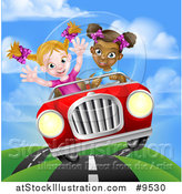 Vector Illustration of a Happy Black Girl Driving a Red Convertible Car with a White Girl in the Passenger Seat by AtStockIllustration