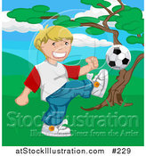 Vector Illustration of a Happy Blond Boy Kicking a Soccer Ball by AtStockIllustration