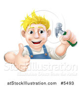 Vector Illustration of a Happy Blond Carpenter Man Holding a Hammer and Thumb up over a Sign by AtStockIllustration