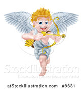 Vector Illustration of a Happy Blond Caucasian Valentines Day Cupid Smiling and Aiming an Arrow by AtStockIllustration