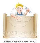 Vector Illustration of a Happy Blond Mechanic Man Holding a Spanner Wrench over a Scroll Sign by AtStockIllustration