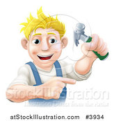 Vector Illustration of a Happy Blond Worker Man Holding a Hammer and Pointing by AtStockIllustration